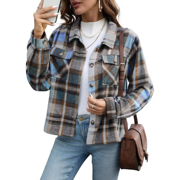 Women’s Flannel Cropped Shacket Plaid Long Sleeve Button Down Fall Coat - Picture 1 of 6